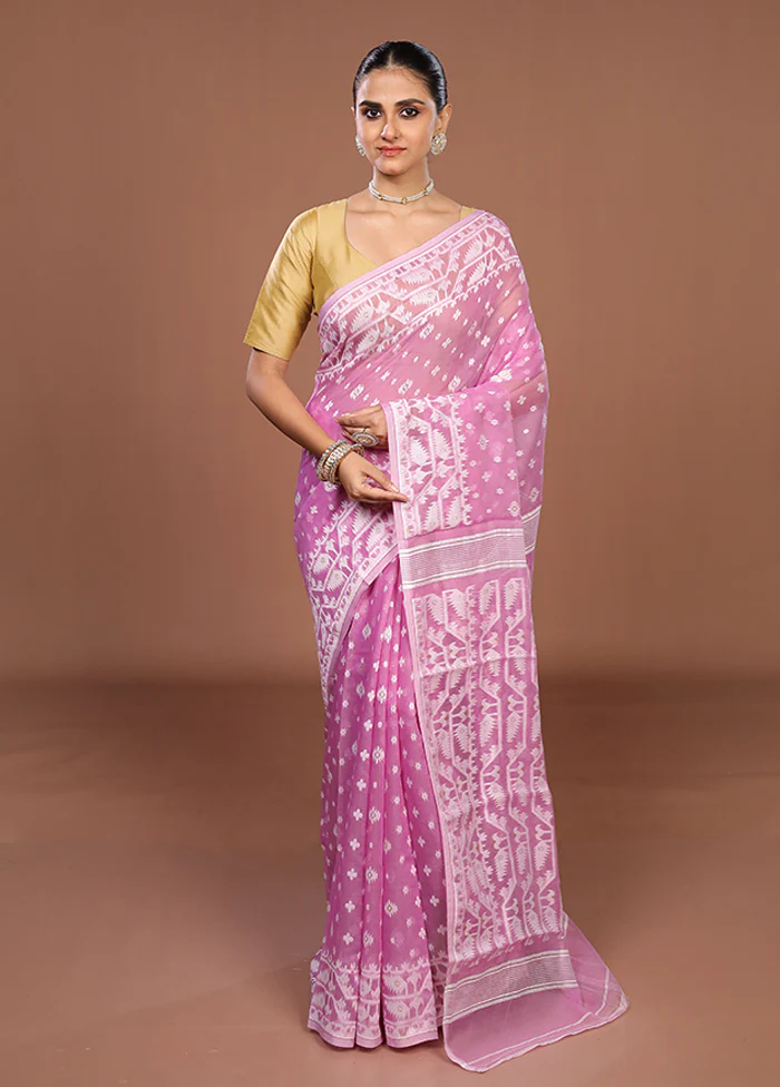 Pink Jamdani Cotton Saree Without Blouse Piece - Image 2