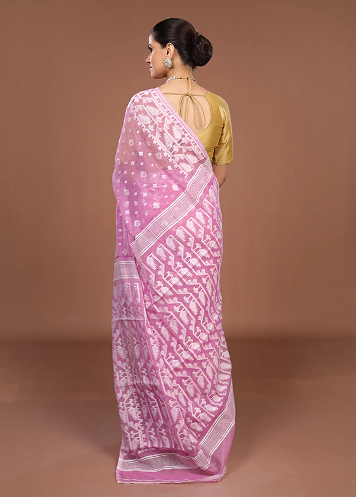 Pink Jamdani Cotton Saree Without Blouse Piece - Image 3