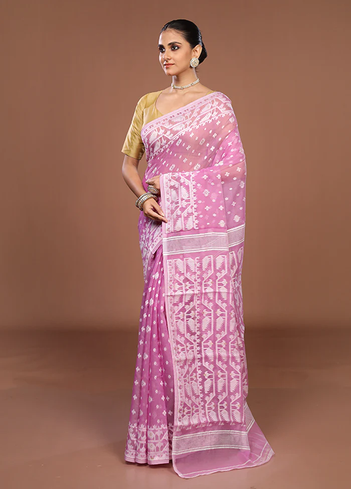 Pink Jamdani Cotton Saree Without Blouse Piece - Image 4