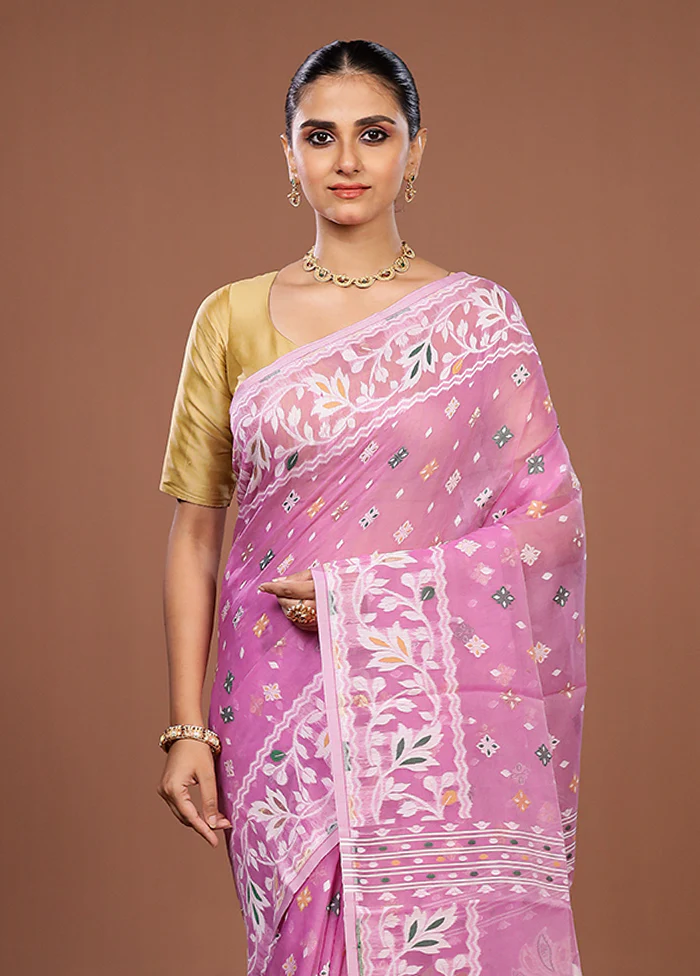 Pink Jamdani Cotton Saree Without Blouse Piece