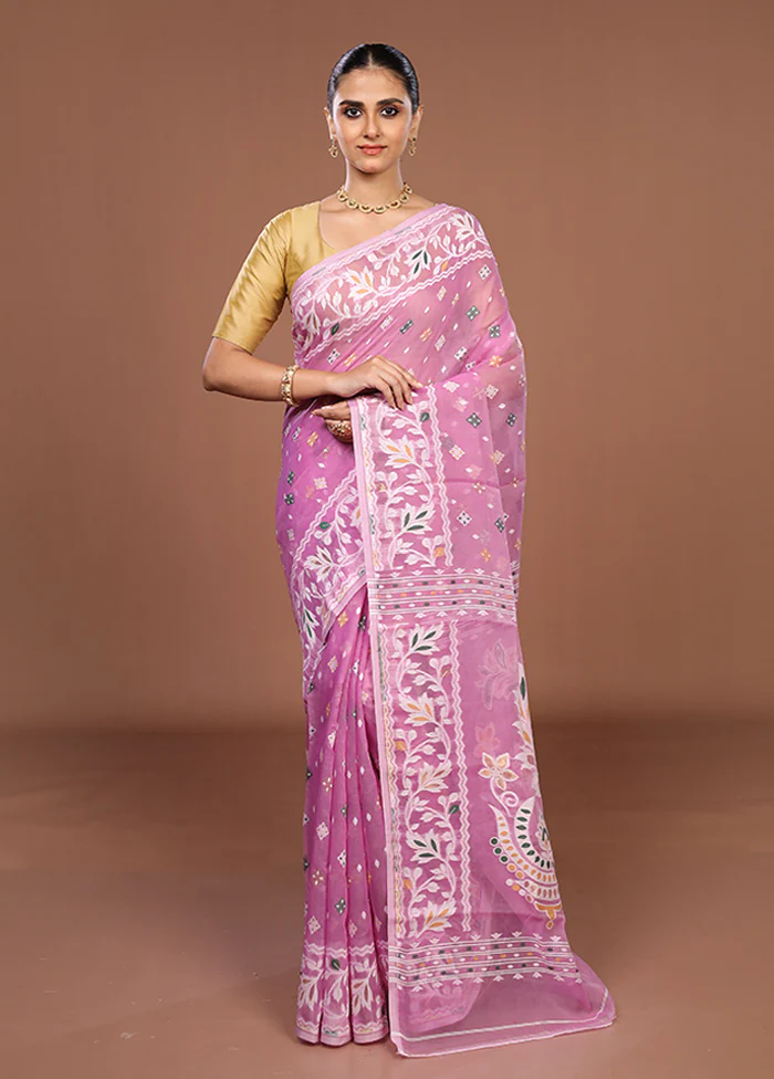 Pink Jamdani Cotton Saree Without Blouse Piece - Image 2