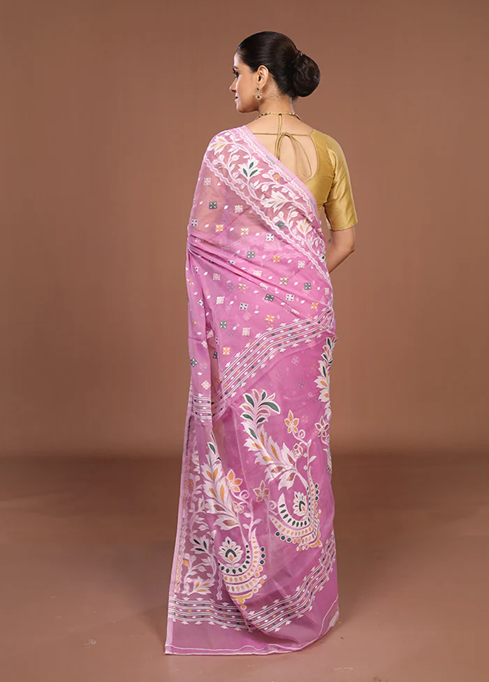 Pink Jamdani Cotton Saree Without Blouse Piece - Image 3