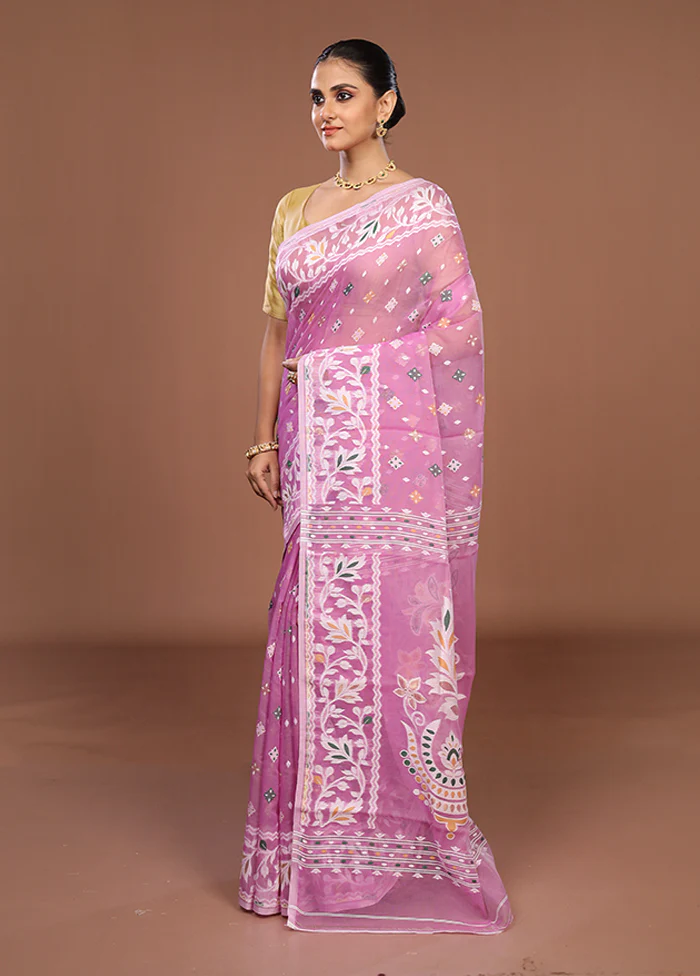 Pink Jamdani Cotton Saree Without Blouse Piece - Image 4