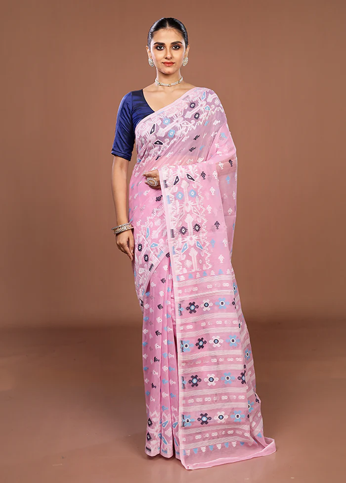 Pink Jamdani Cotton Saree Without Blouse Piece - Image 2