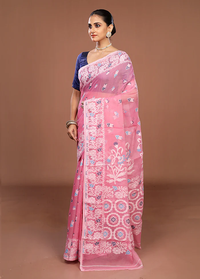 Pink Jamdani Cotton Saree Without Blouse Piece - Image 4