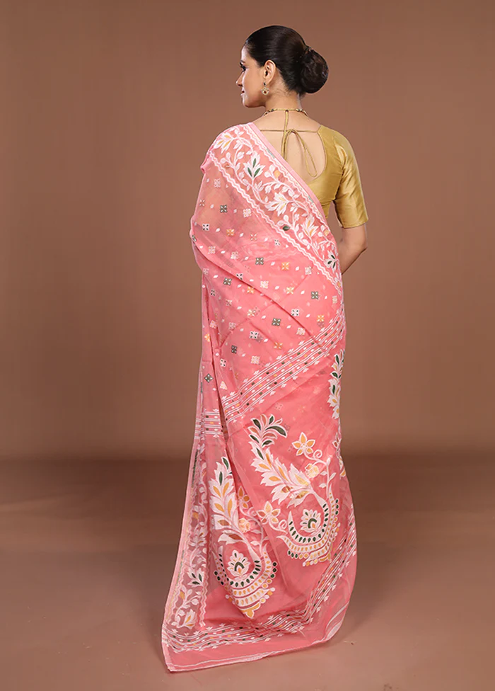 Pink Jamdani Cotton Saree Without Blouse Piece - Image 3