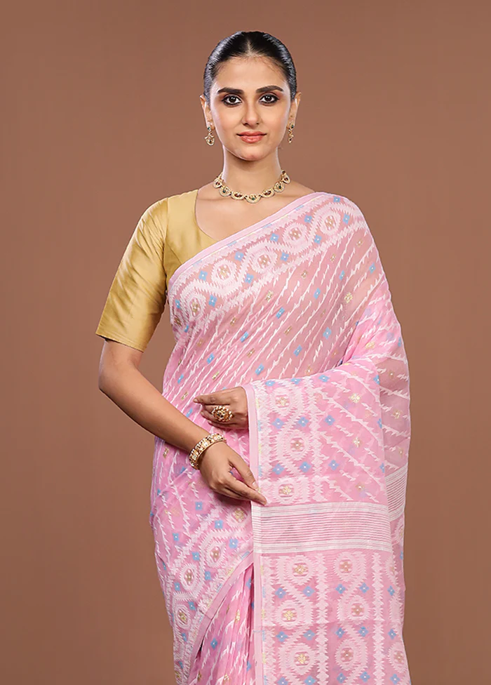 Pink Jamdani Cotton Saree Without Blouse Piece