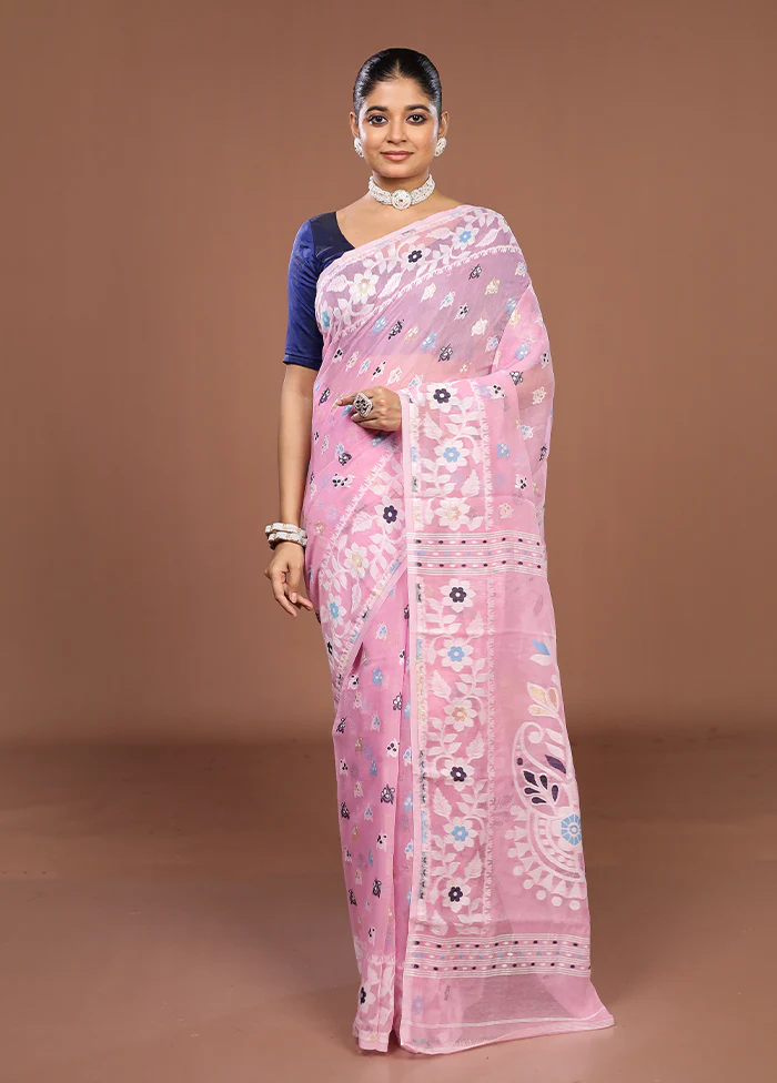 Pink Jamdani Cotton Saree Without Blouse Piece - Image 2