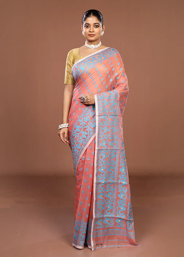 Pink Jamdani Cotton Saree Without Blouse Piece - Image 2