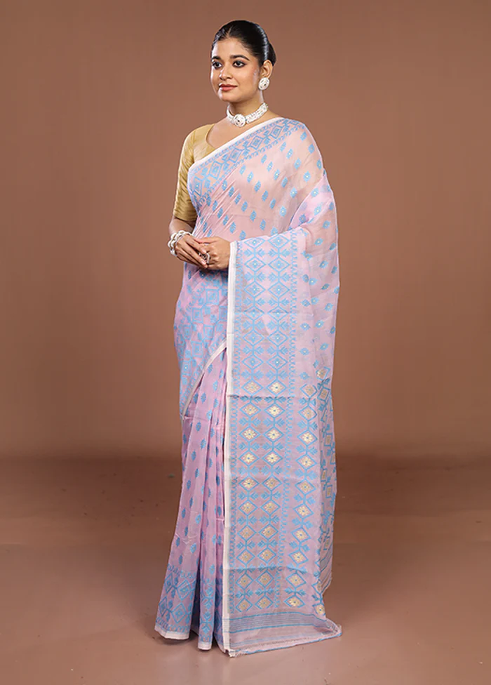 Pink Jamdani Cotton Saree Without Blouse Piece - Image 4