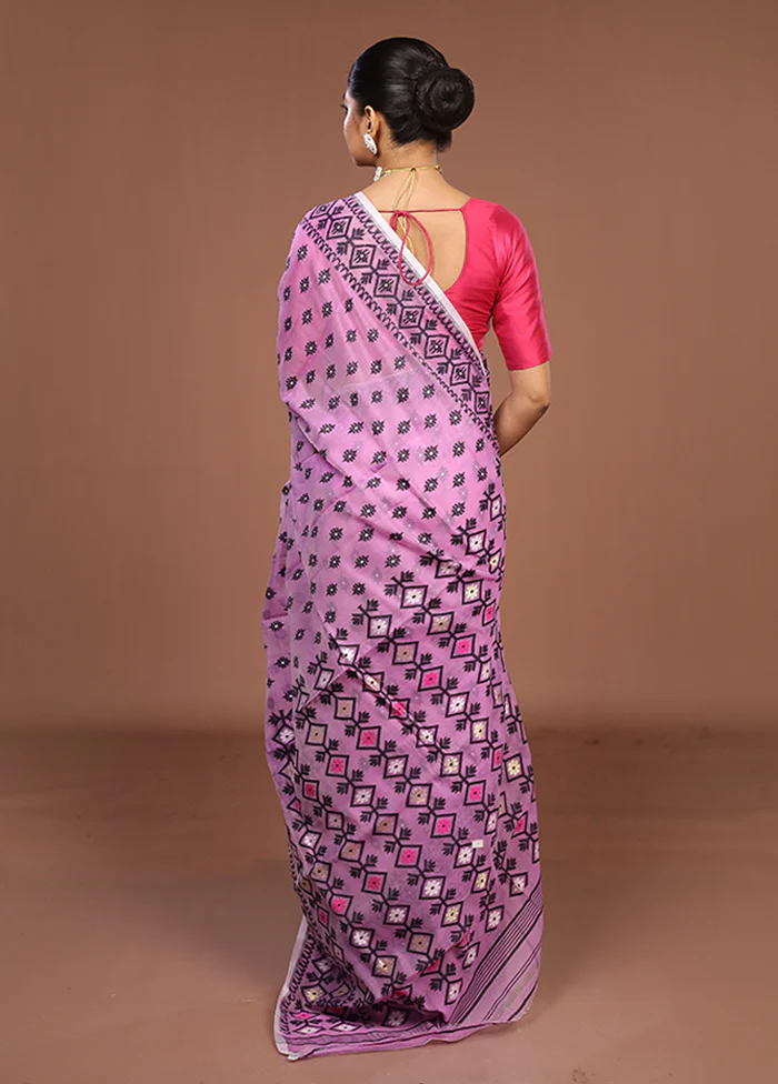 Pink Jamdani Cotton Saree Without Blouse Piece - Image 3