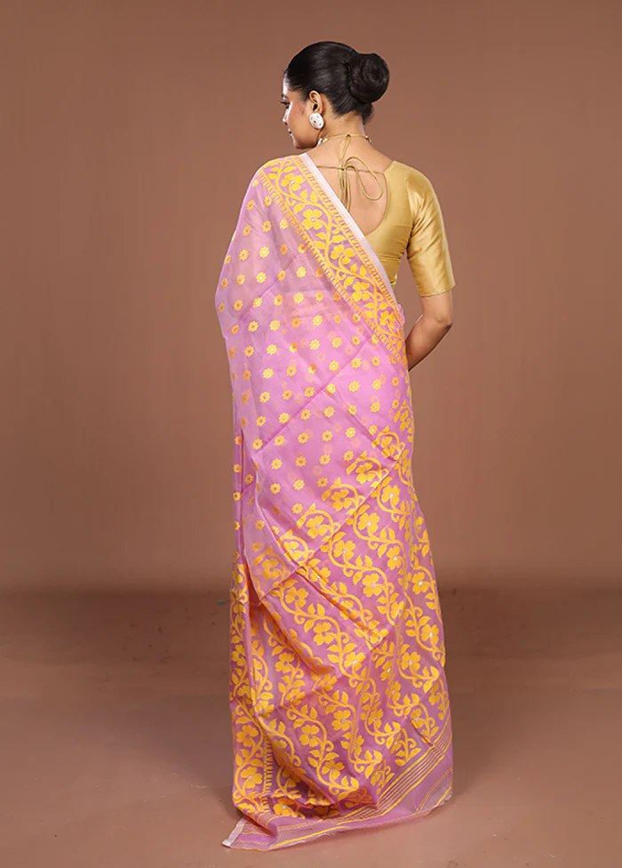 Pink Jamdani Cotton Saree Without Blouse Piece - Image 3