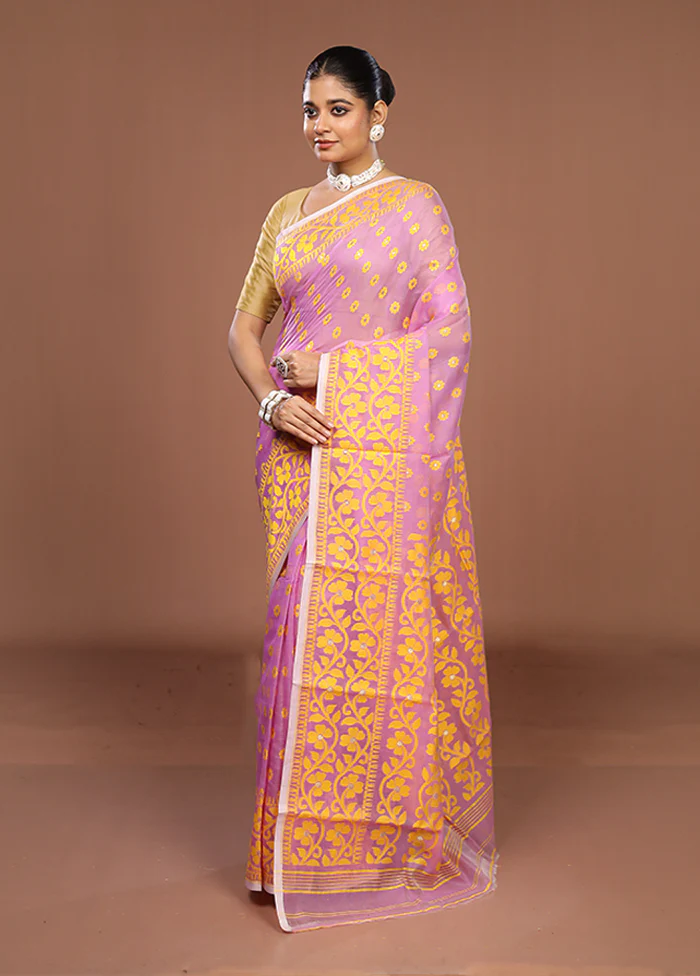 Pink Jamdani Cotton Saree Without Blouse Piece - Image 4