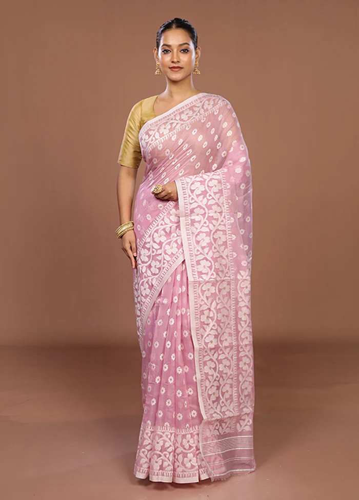 Pink Jamdani Cotton Saree Without Blouse Piece - Image 2
