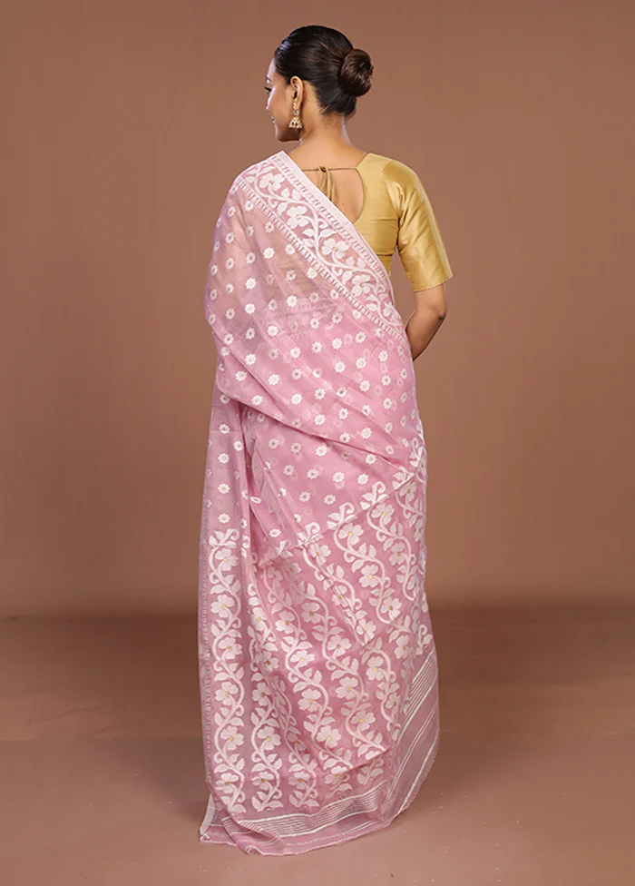 Pink Jamdani Cotton Saree Without Blouse Piece - Image 3