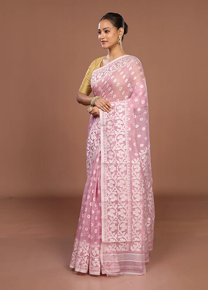 Pink Jamdani Cotton Saree Without Blouse Piece - Image 4