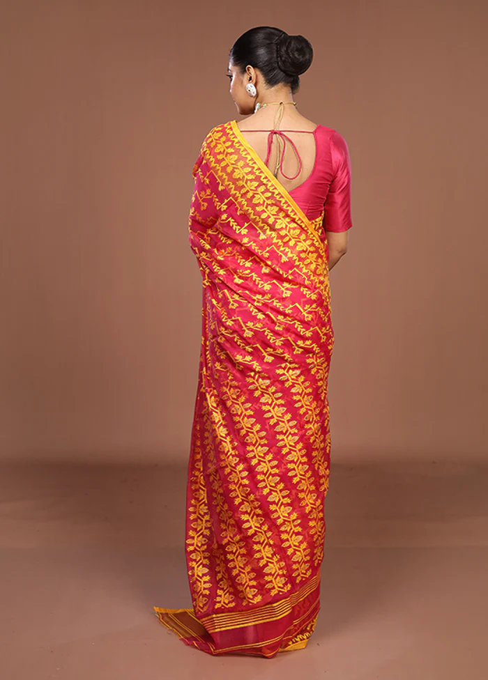 Pink Jamdani Cotton Saree Without Blouse Piece - Image 3