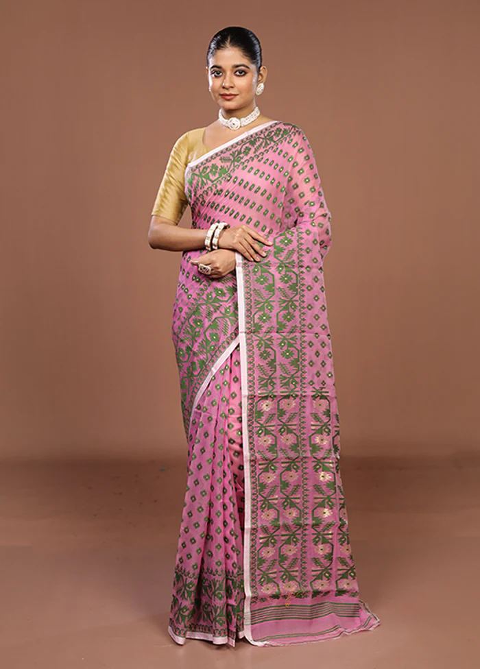 Pink Jamdani Cotton Saree Without Blouse Piece - Image 2