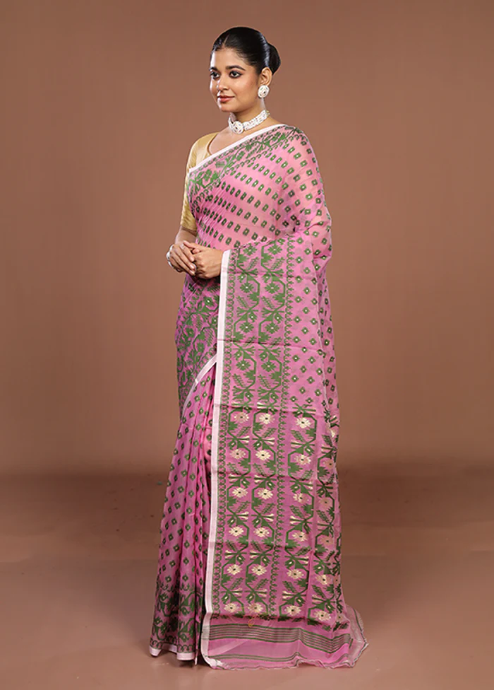 Pink Jamdani Cotton Saree Without Blouse Piece - Image 4