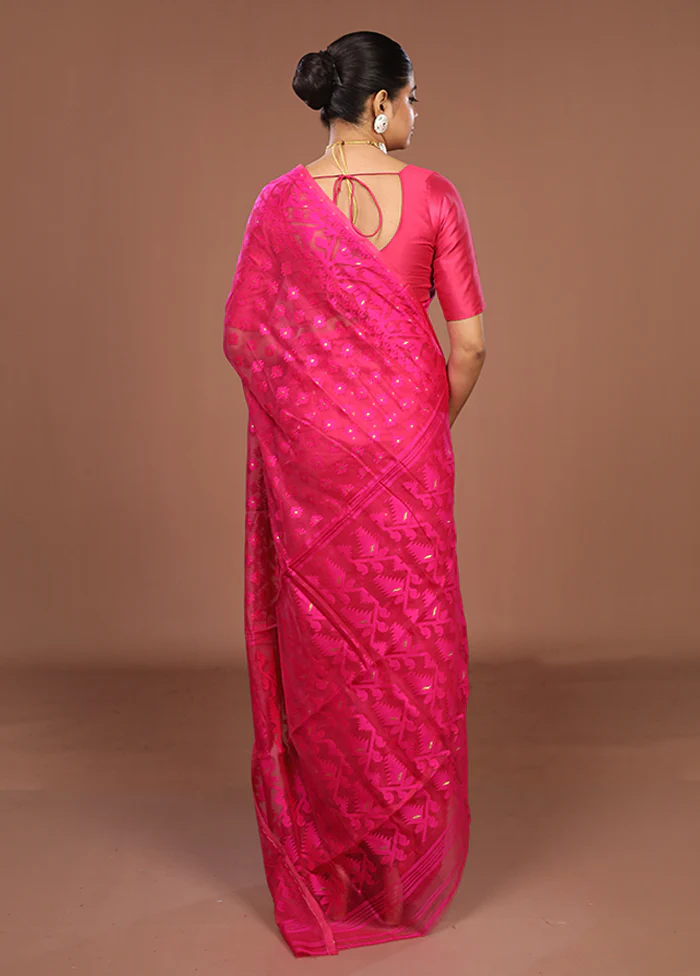 Pink Jamdani Cotton Saree Without Blouse Piece - Image 3