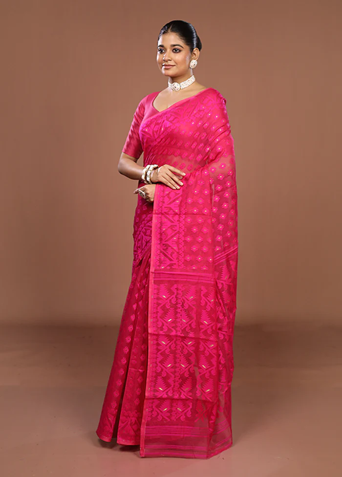 Pink Jamdani Cotton Saree Without Blouse Piece - Image 4