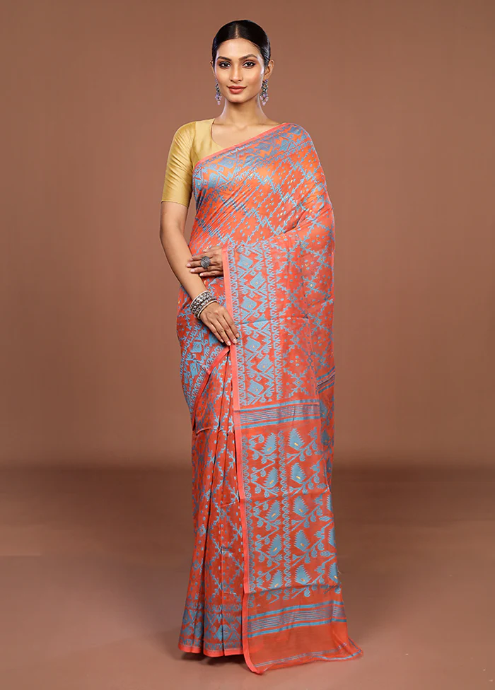 Orange Jamdani Cotton Saree Without Blouse Piece - Image 2