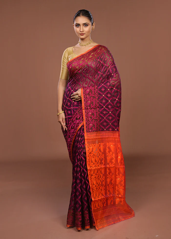 Pink Jamdani Cotton Saree Without Blouse Piece - Image 2