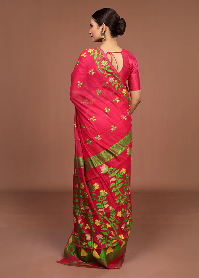 Pink Jamdani Cotton Saree Without Blouse Piece - Image 3