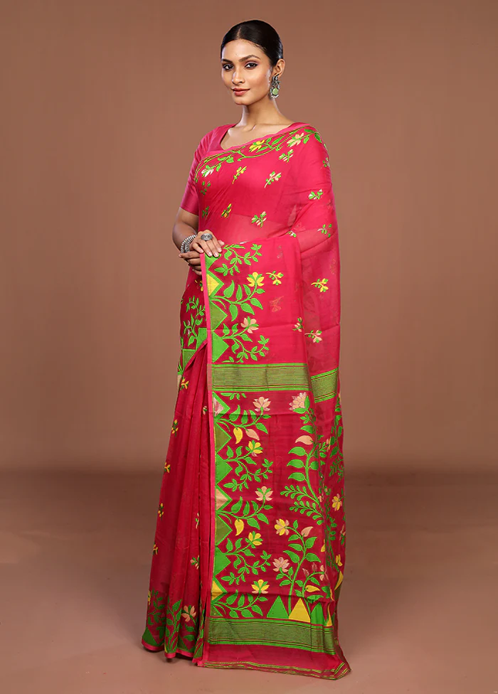 Pink Jamdani Cotton Saree Without Blouse Piece - Image 4