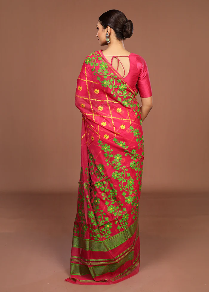Pink Jamdani Cotton Saree Without Blouse Piece - Image 3