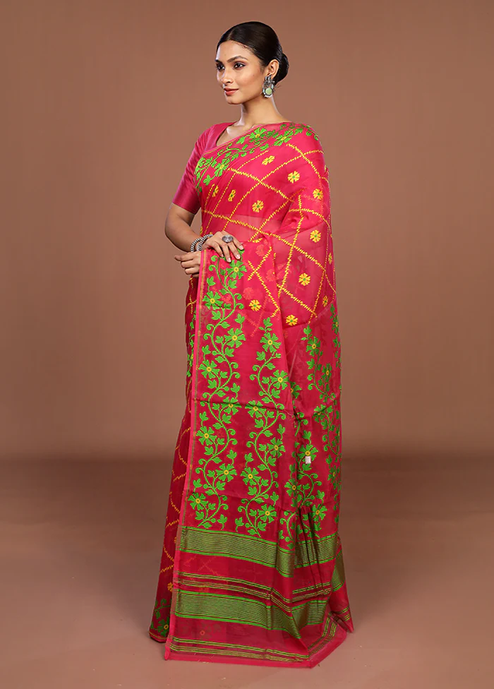 Pink Jamdani Cotton Saree Without Blouse Piece - Image 4