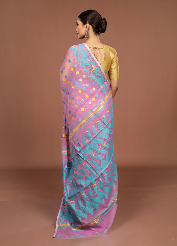 Pink Jamdani Cotton Saree Without Blouse Piece - Image 3