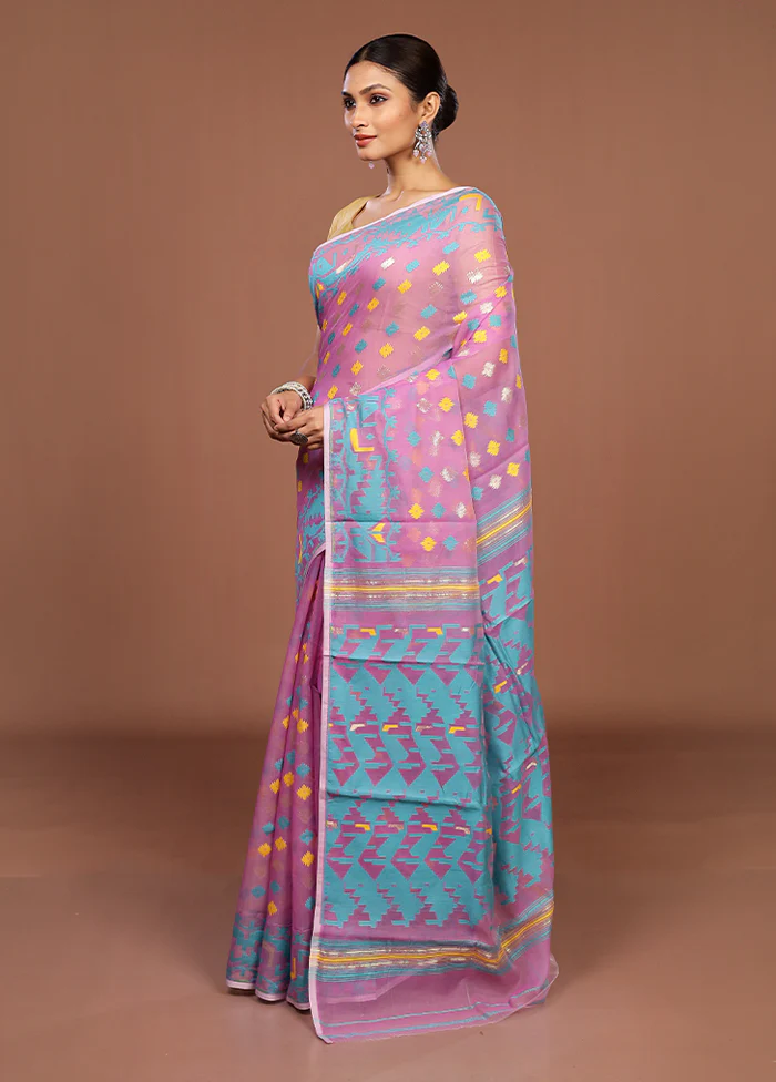 Pink Jamdani Cotton Saree Without Blouse Piece - Image 4