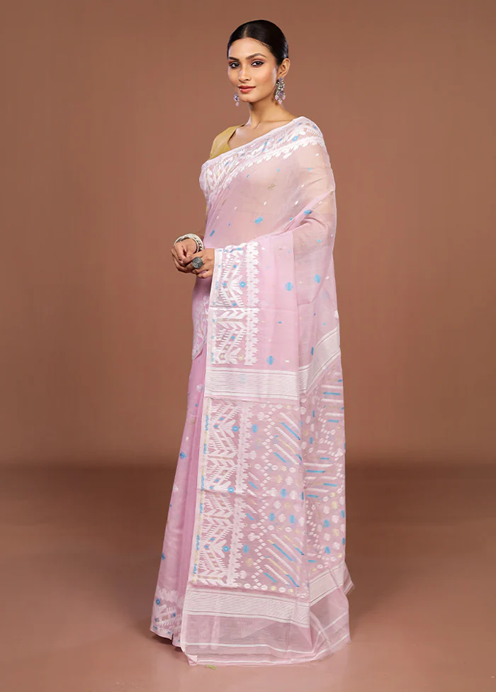 Pink Jamdani Cotton Saree Without Blouse Piece - Image 4