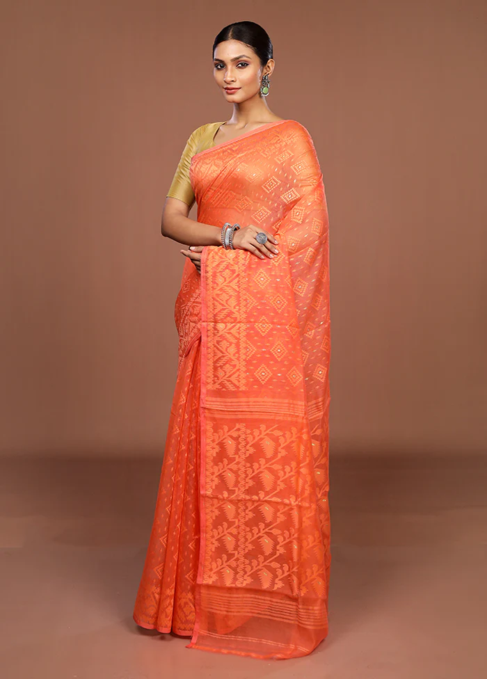 Pink Jamdani Cotton Saree Without Blouse Piece - Image 4