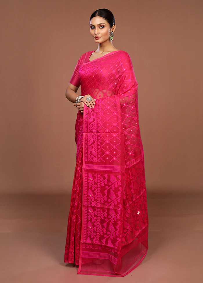 Pink Jamdani Cotton Saree Without Blouse Piece - Image 4