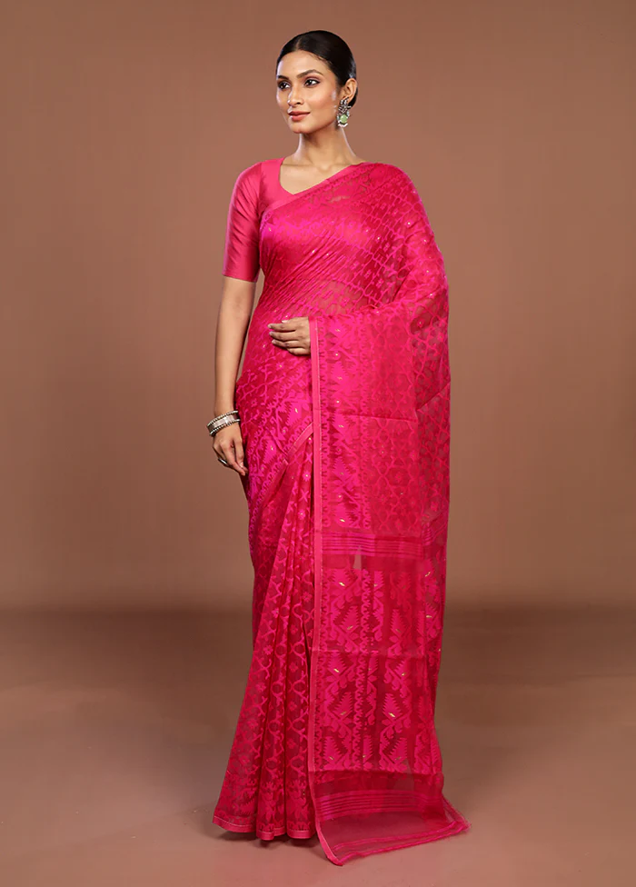 Pink Jamdani Cotton Saree Without Blouse Piece - Image 2