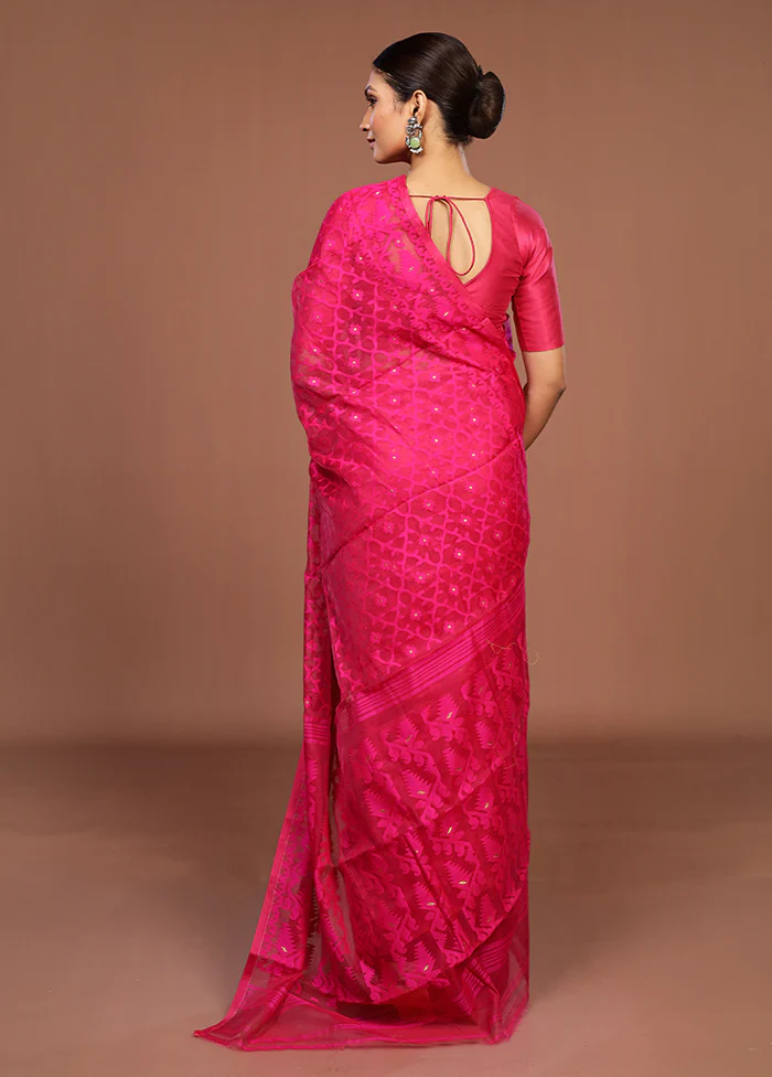 Pink Jamdani Cotton Saree Without Blouse Piece - Image 3