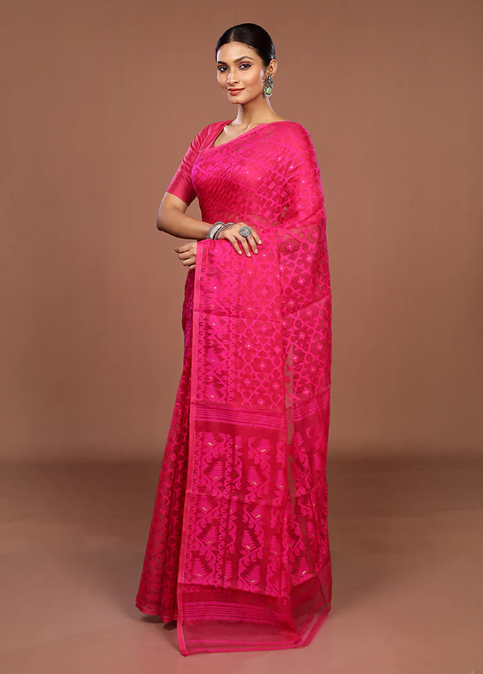 Pink Jamdani Cotton Saree Without Blouse Piece - Image 4
