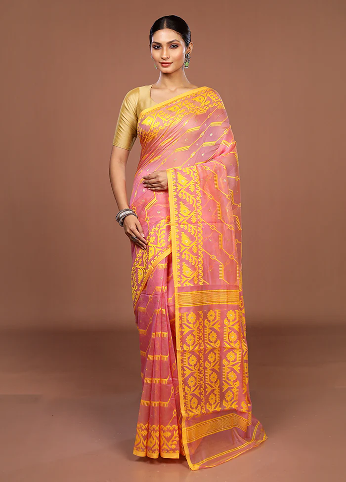 Pink Jamdani Cotton Saree Without Blouse Piece - Image 2