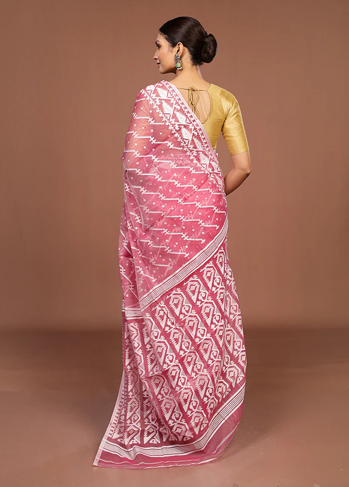 Pink Jamdani Cotton Saree Without Blouse Piece - Image 3