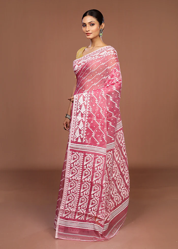 Pink Jamdani Cotton Saree Without Blouse Piece - Image 4