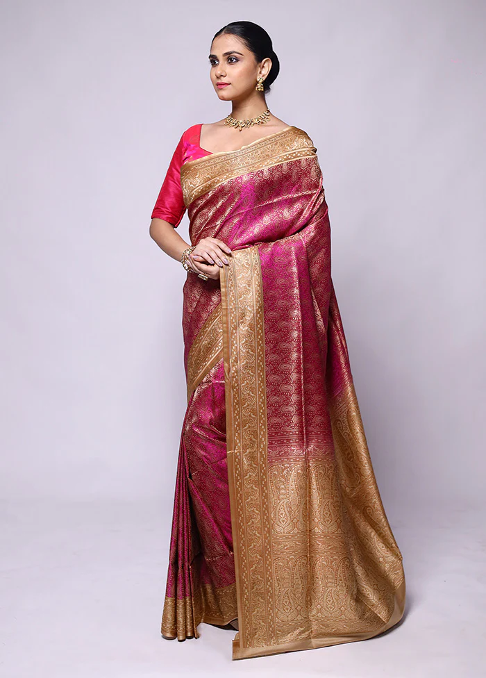 Pink Jamewar Silk Saree With Blouse Piece - Image 4