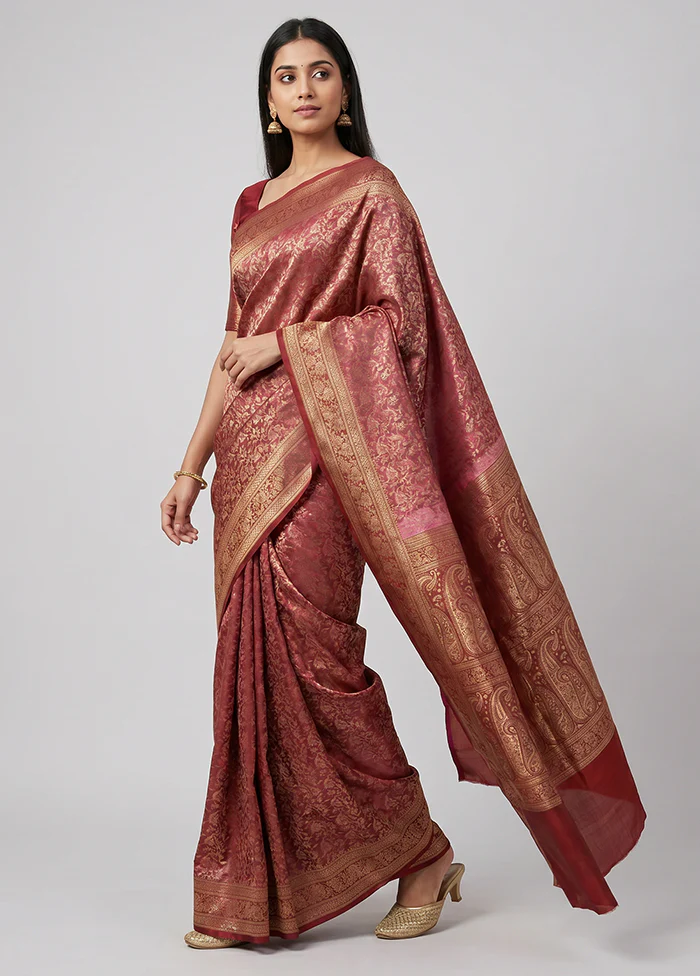 Pink Jamewar Silk Saree With Blouse Piece