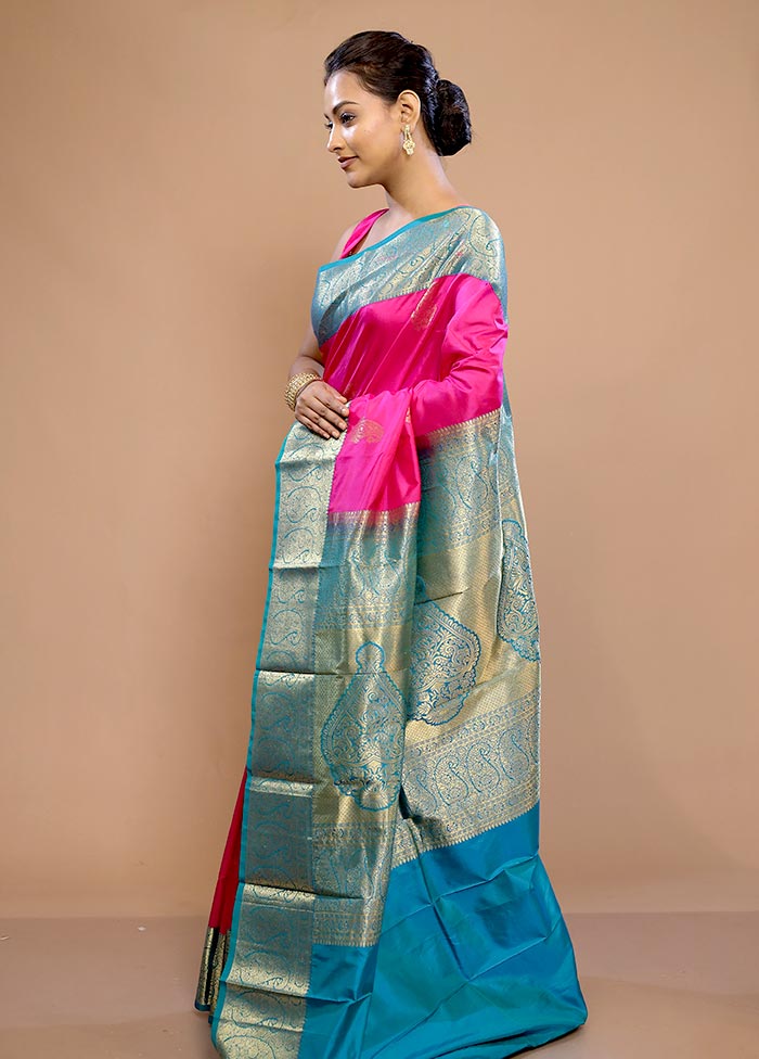 Pink Pure Dharmavaram Kanjivaram Silk Saree With Blouse Piece - Image 5