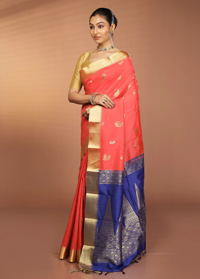Pink Kanjivaram Silk Saree With Blouse Piece - Image 4