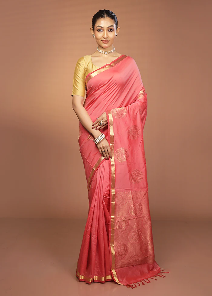 Pink Kanjivaram Silk Saree With Blouse Piece - Image 2