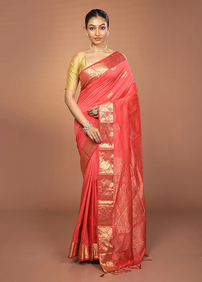 Pink Kanjivaram Silk Saree With Blouse Piece - Image 2