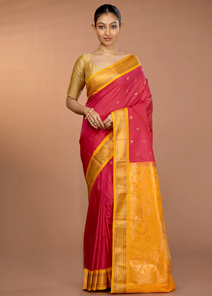 Pink Kanjivaram Silk Saree With Blouse Piece - Image 2