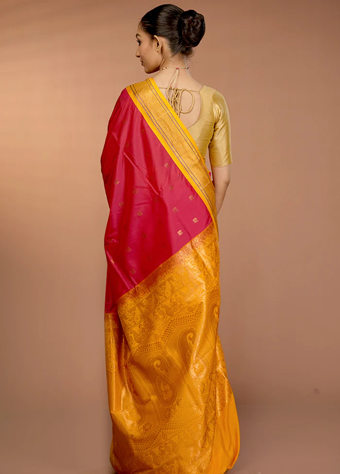 Pink Kanjivaram Silk Saree With Blouse Piece - Image 3